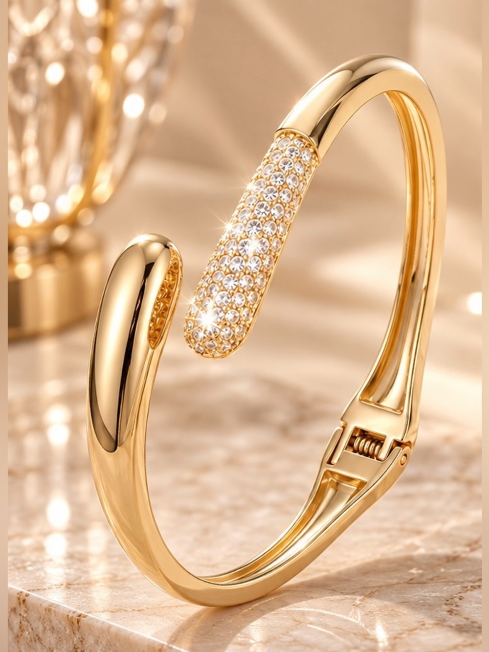 Gold Tone Open Cuff Bracelet Rhinestone Pave Minimalist Statement Bangle